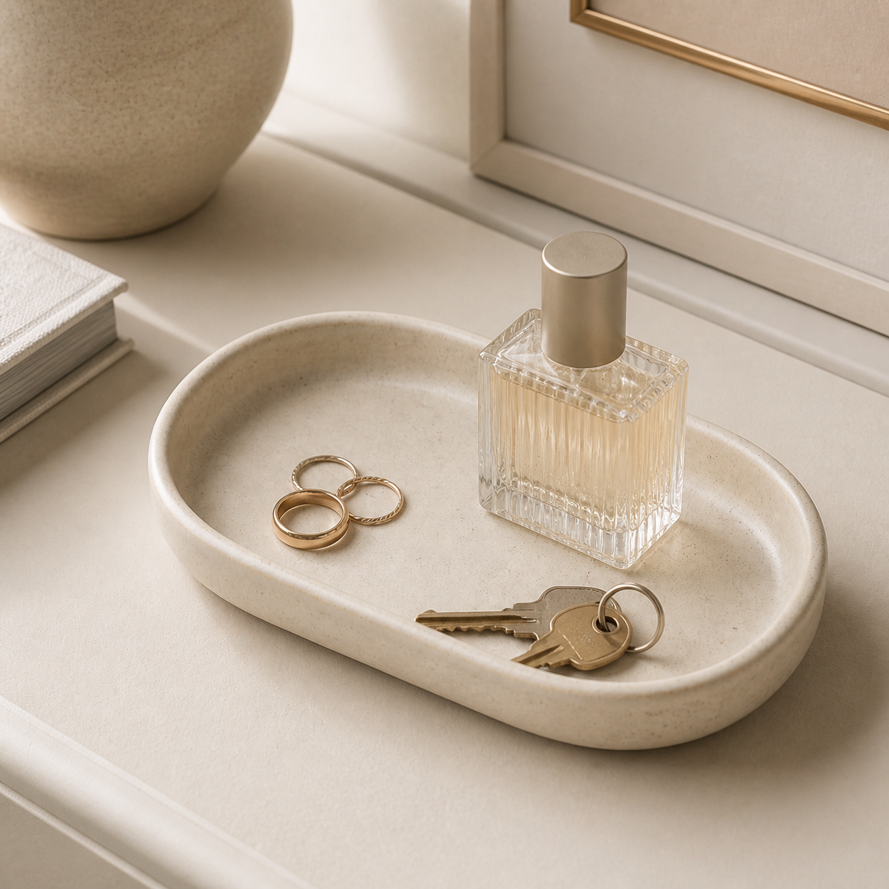 Ceramic catchall tray holding rings, keys, and an unlabeled perfume bottle