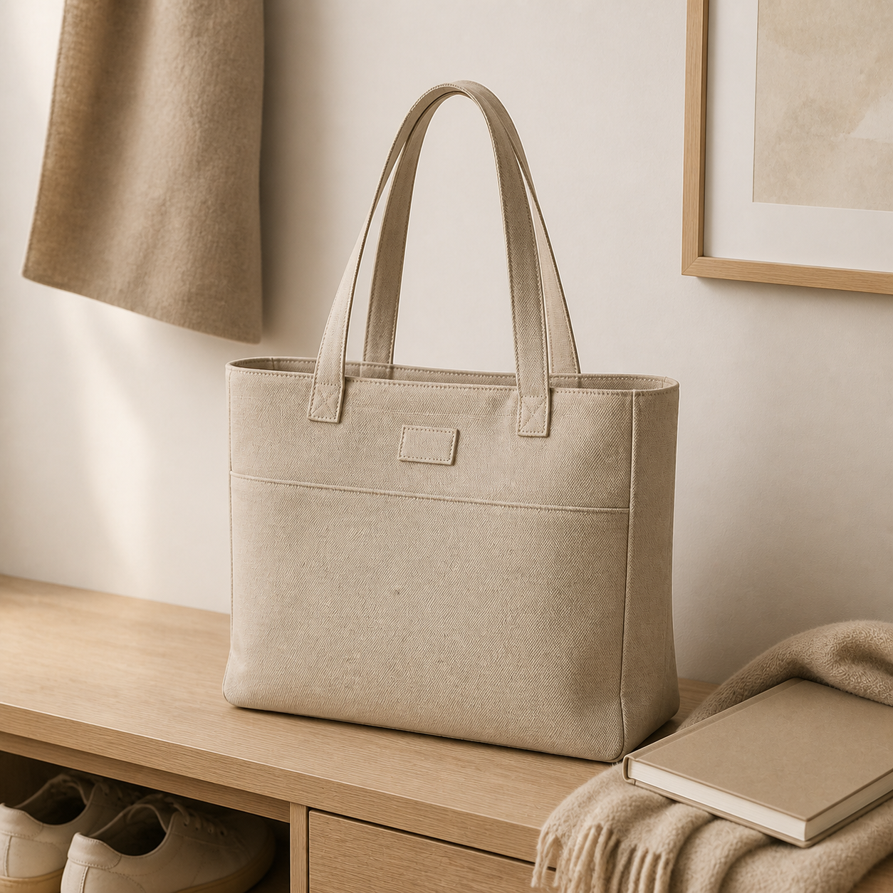 Structured oat canvas tote styled on a warm neutral entryway bench