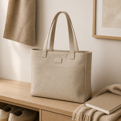 Structured oat canvas tote styled on a warm neutral entryway bench
