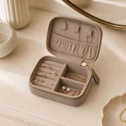 Taupe jewelry travel case open with rings, earrings, and necklaces organized inside
