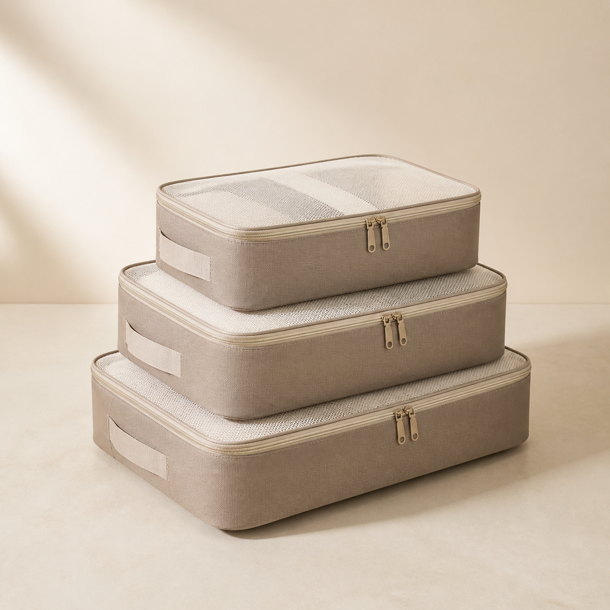 Three-piece taupe Averlomia Packing Cube Set with mesh panels on an ivory background
