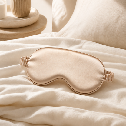 Champagne satin sleep mask styled on warm ivory bedding
