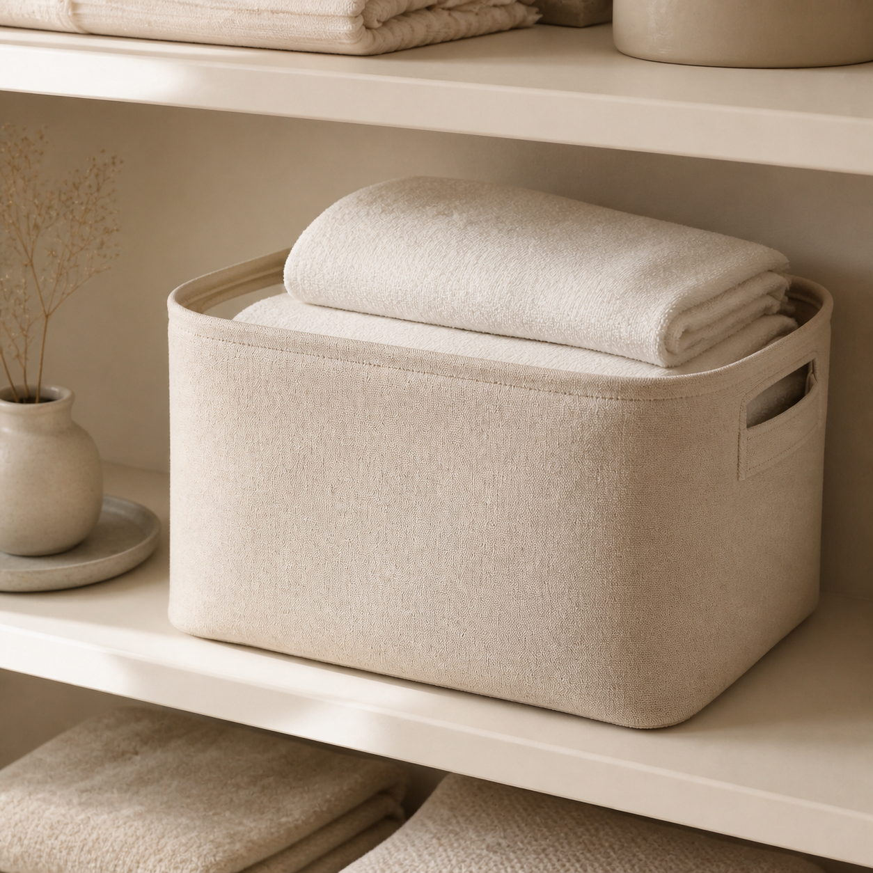 Warm oat fabric storage basket holding folded towels on neutral shelving