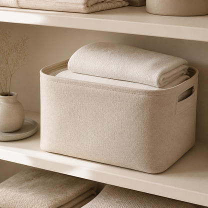 Warm oat fabric storage basket holding folded towels on neutral shelving