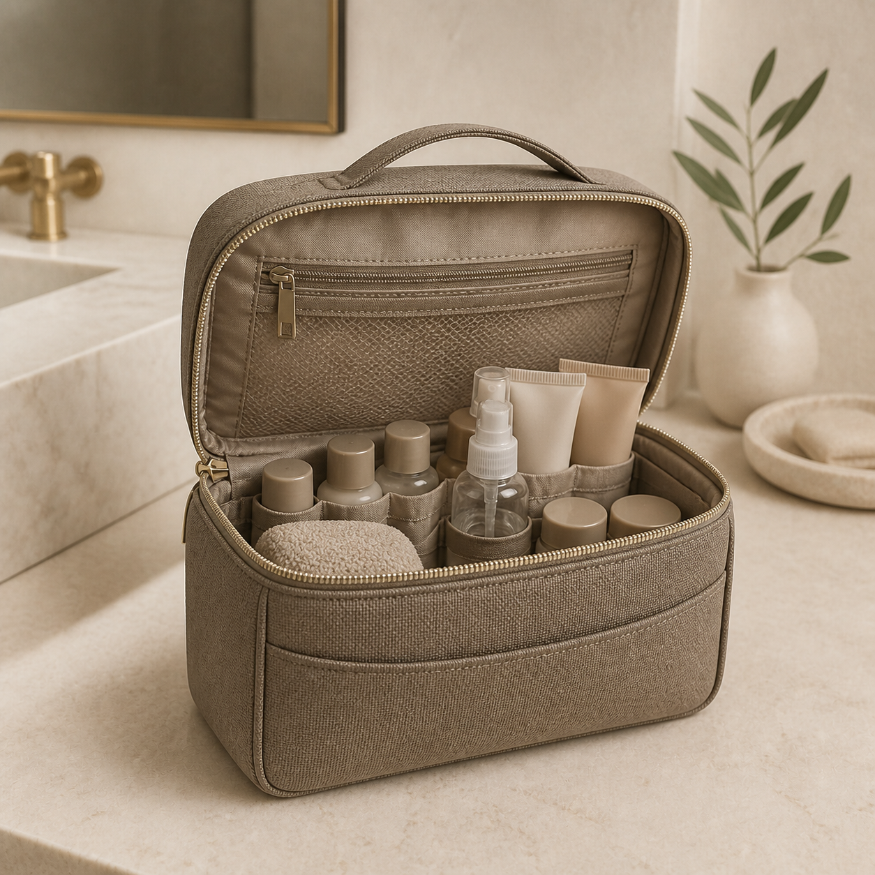 Taupe toiletry case open with organized travel essentials on a warm bathroom counter