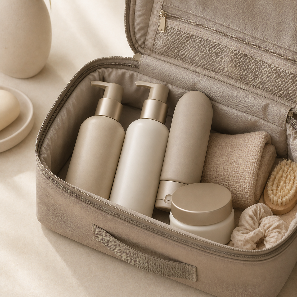 Neutral travel bottle set arranged inside an open taupe toiletry bag