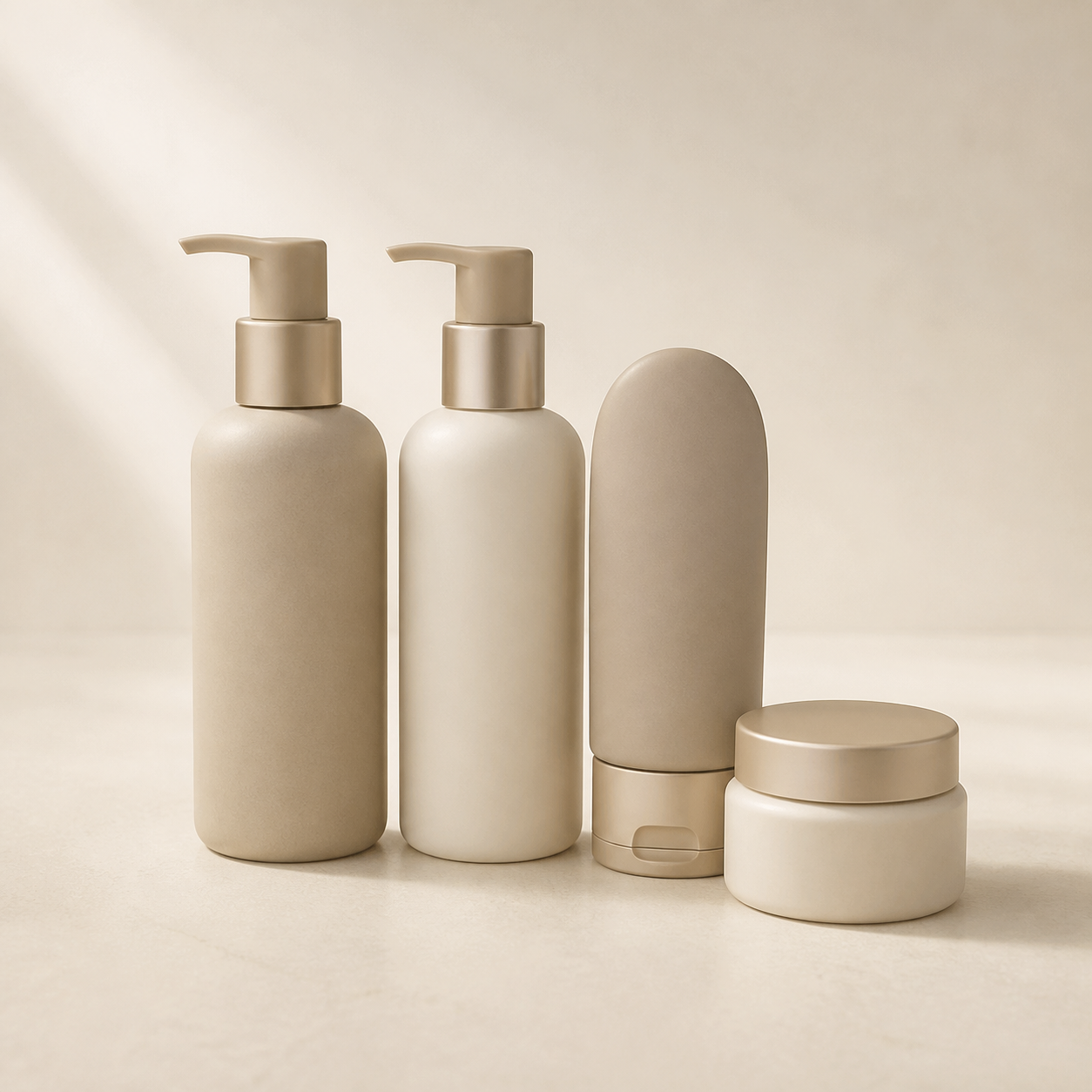 Neutral Averlomia Travel Bottle Set with cream and oat containers on an ivory background