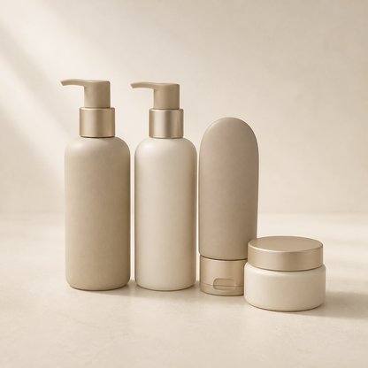 Neutral Averlomia Travel Bottle Set with cream and oat containers on an ivory background