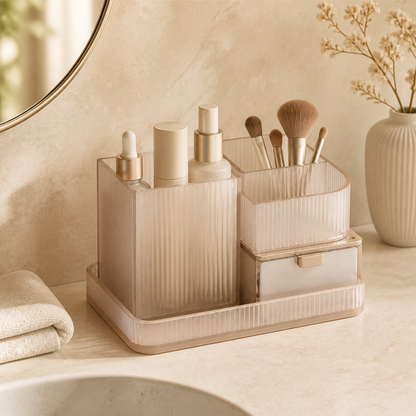 Modular vanity organizer holding skincare bottles and makeup brushes on a warm bathroom counter